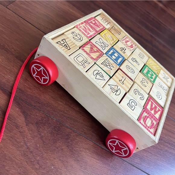 Vintage wooden baby blocks primary colors numbers letters objects pull along bin - Picture 4 of 7